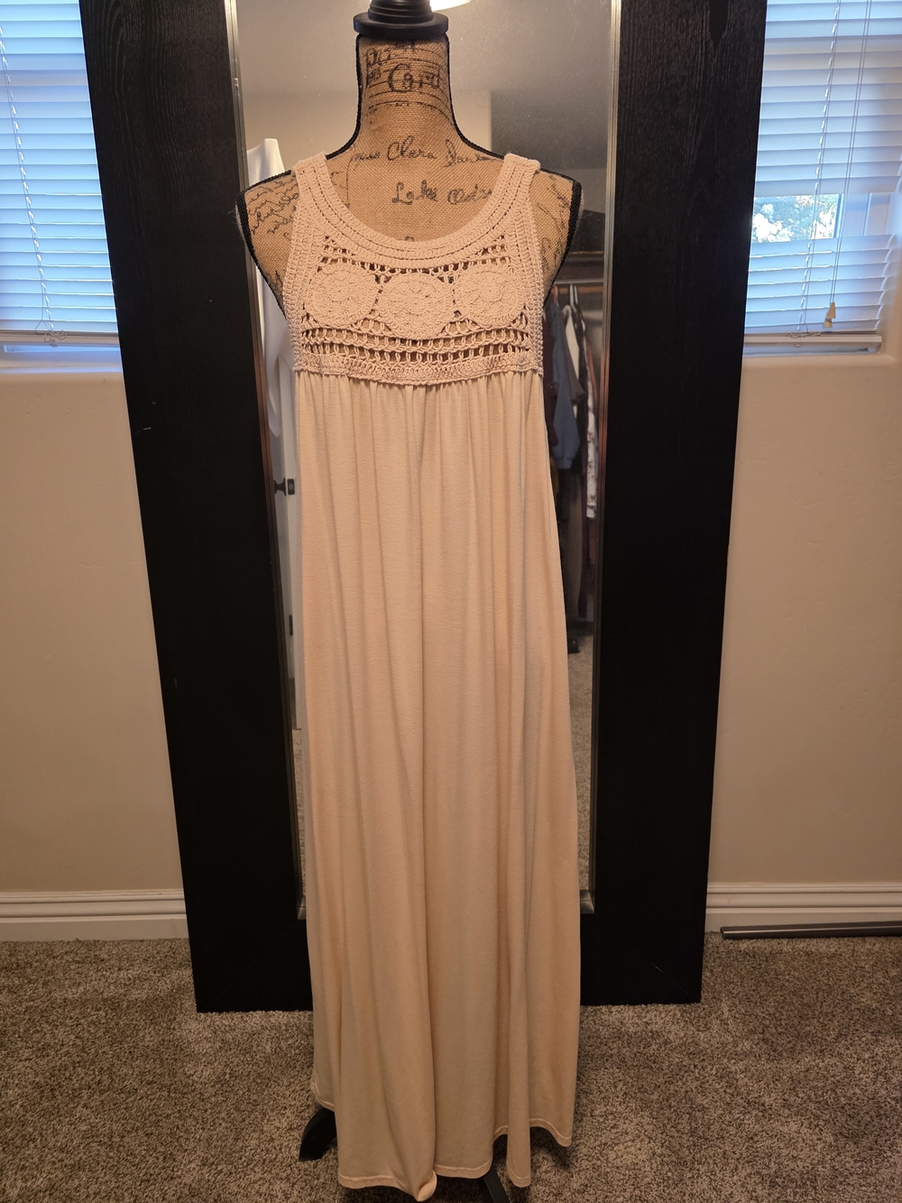 Crochet Yoke Sleeveless Maxi Dress - Beige